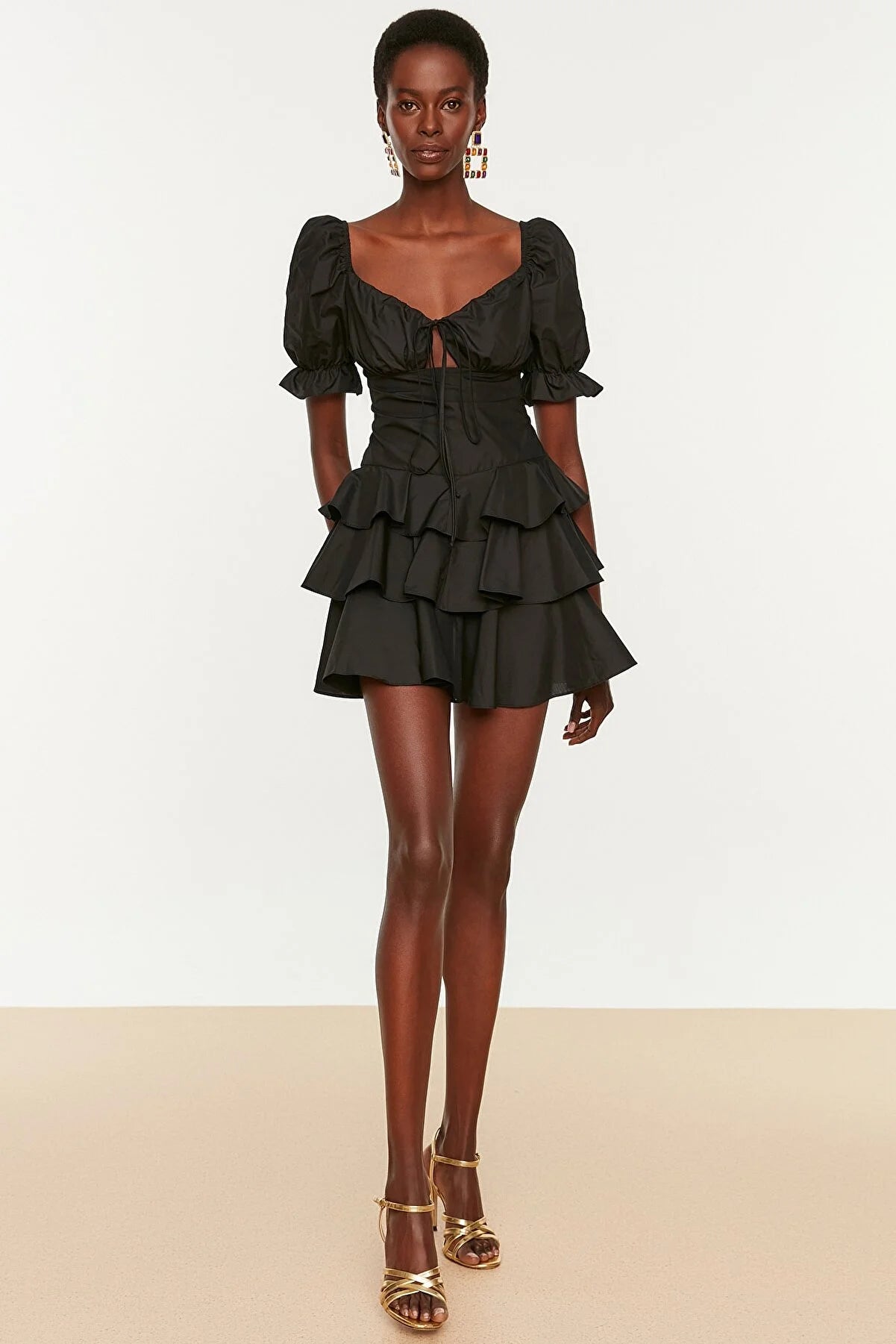 Black Ruffle Detailed Poplin Dress