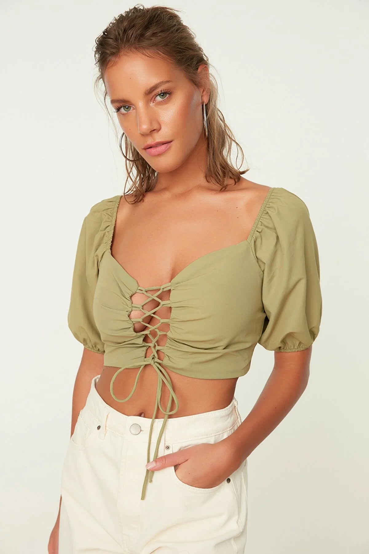 Green Tie Detailed Balloon Sleeve Beach Blouse