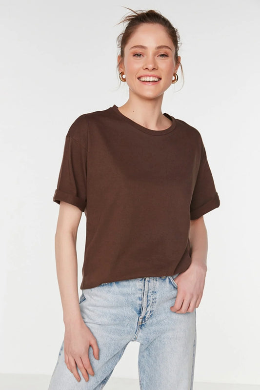 Brown Back Printed Loose Pattern Knitted T-Shirt