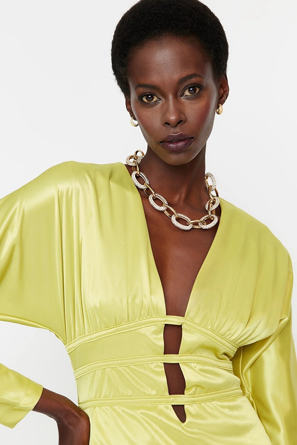 Green Piping Detailed Satin Look Dress