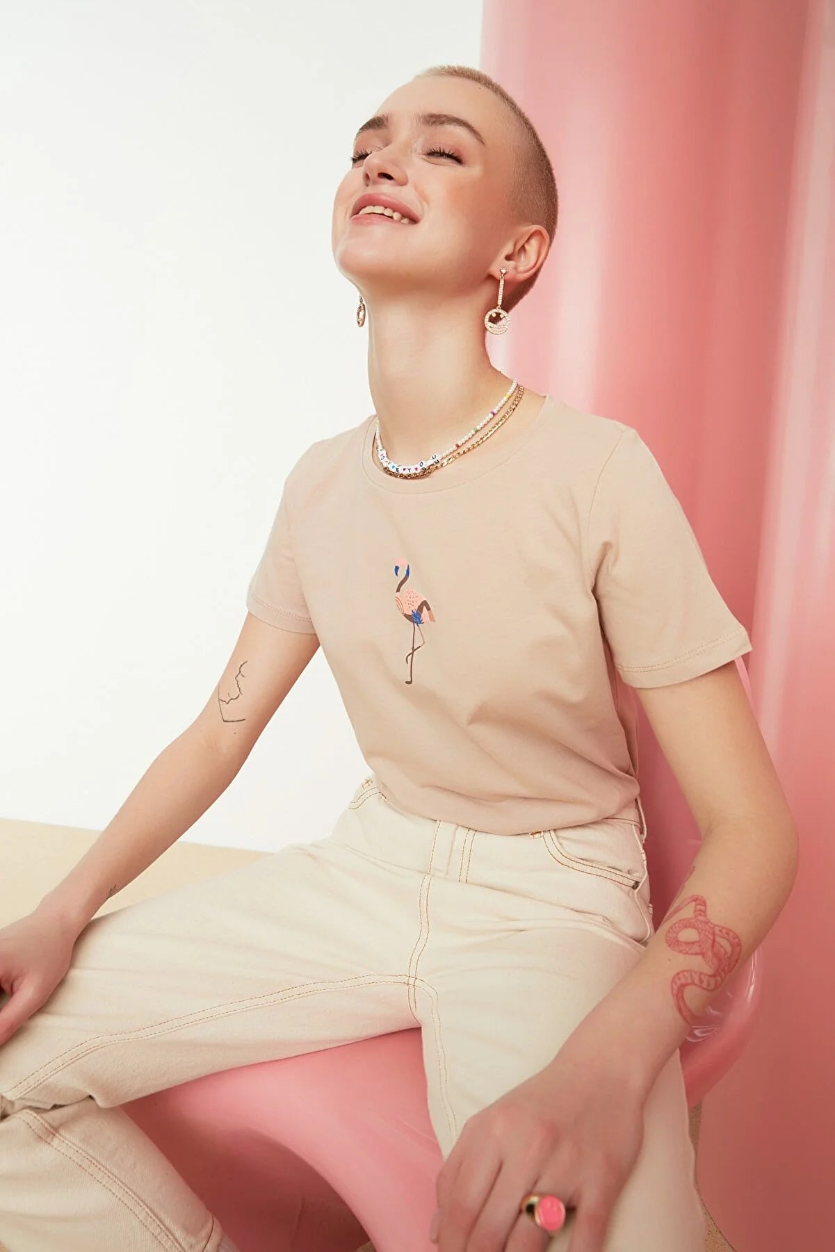 Beige Printed Basic Knitted T-Shirt