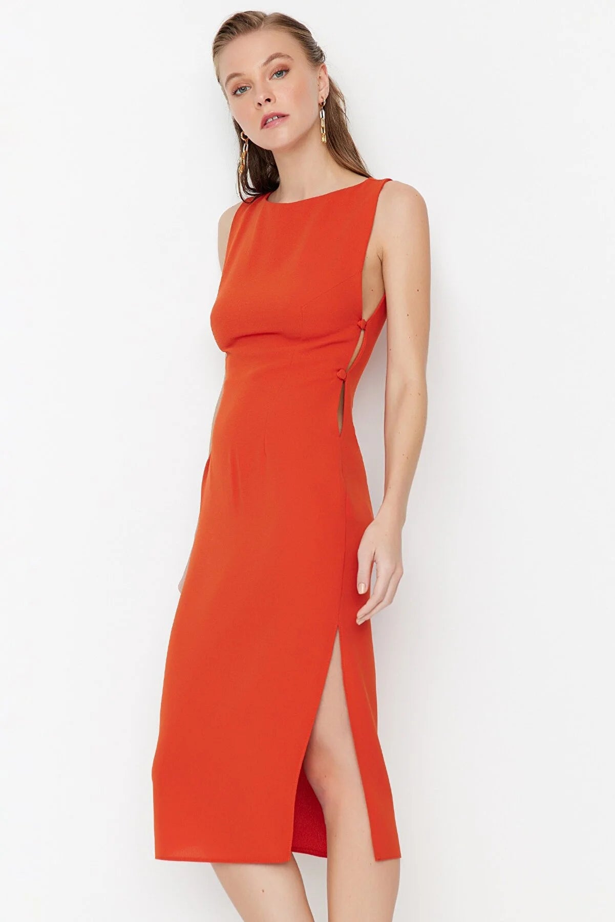 Orange Button Detailed Dress