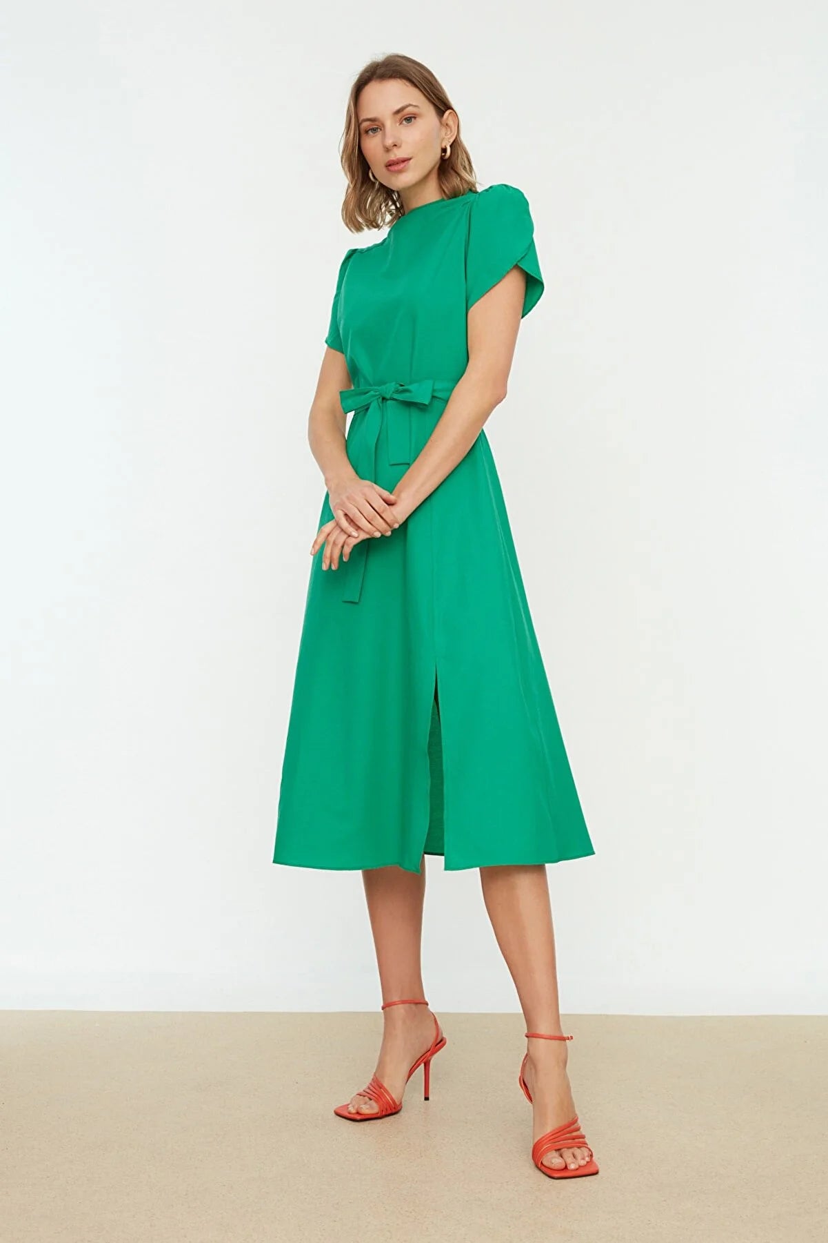 Green Belted Sleeve Detailed Dress