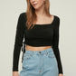 Black Square Collar Pleated Knitted Blouse