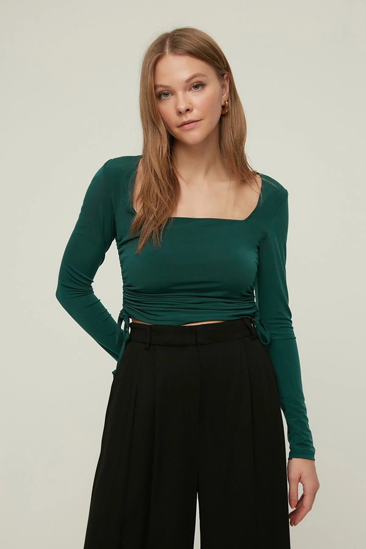 Emerald Green Square Collar Pleated Knitted Blouse