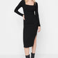 Black Square Neck Ribbed Bodycon Midi Knitted Dress