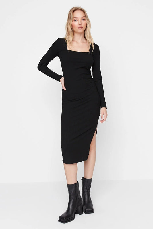Black Square Neck Ribbed Bodycon Midi Knitted Dress