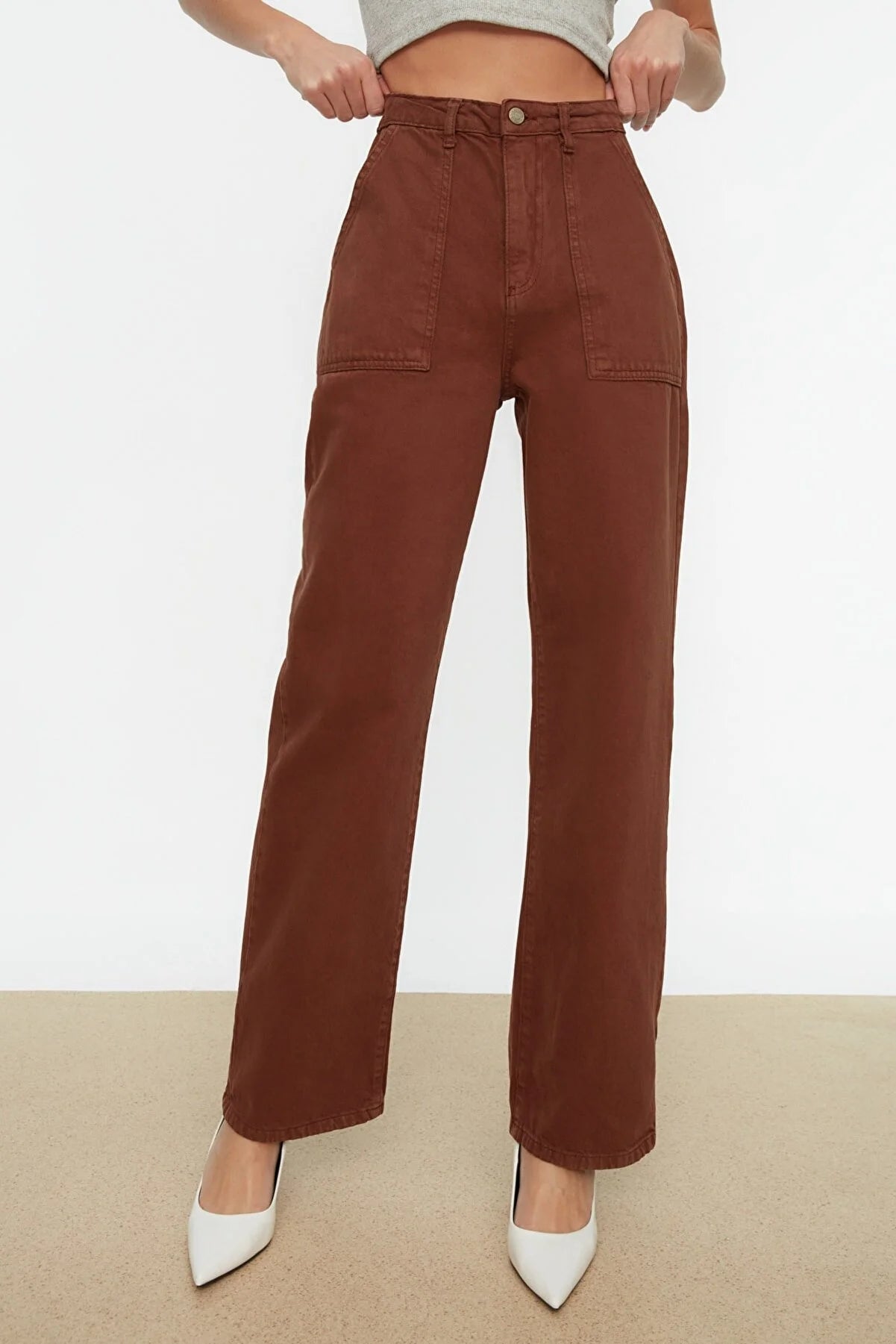 Brown Pocket Detailed High Waist Wide Leg Jeans