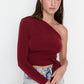 Claret Red One Sleeve Tie Detailed Fitted Knitted Blouse