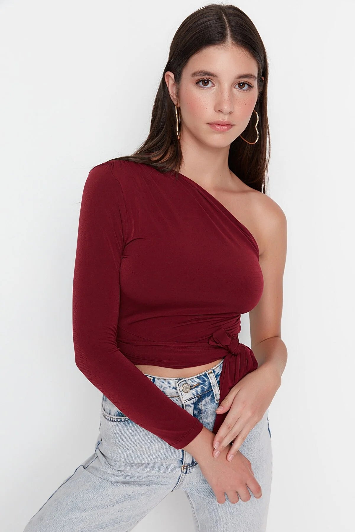 Claret Red One Sleeve Tie Detailed Fitted Knitted Blouse