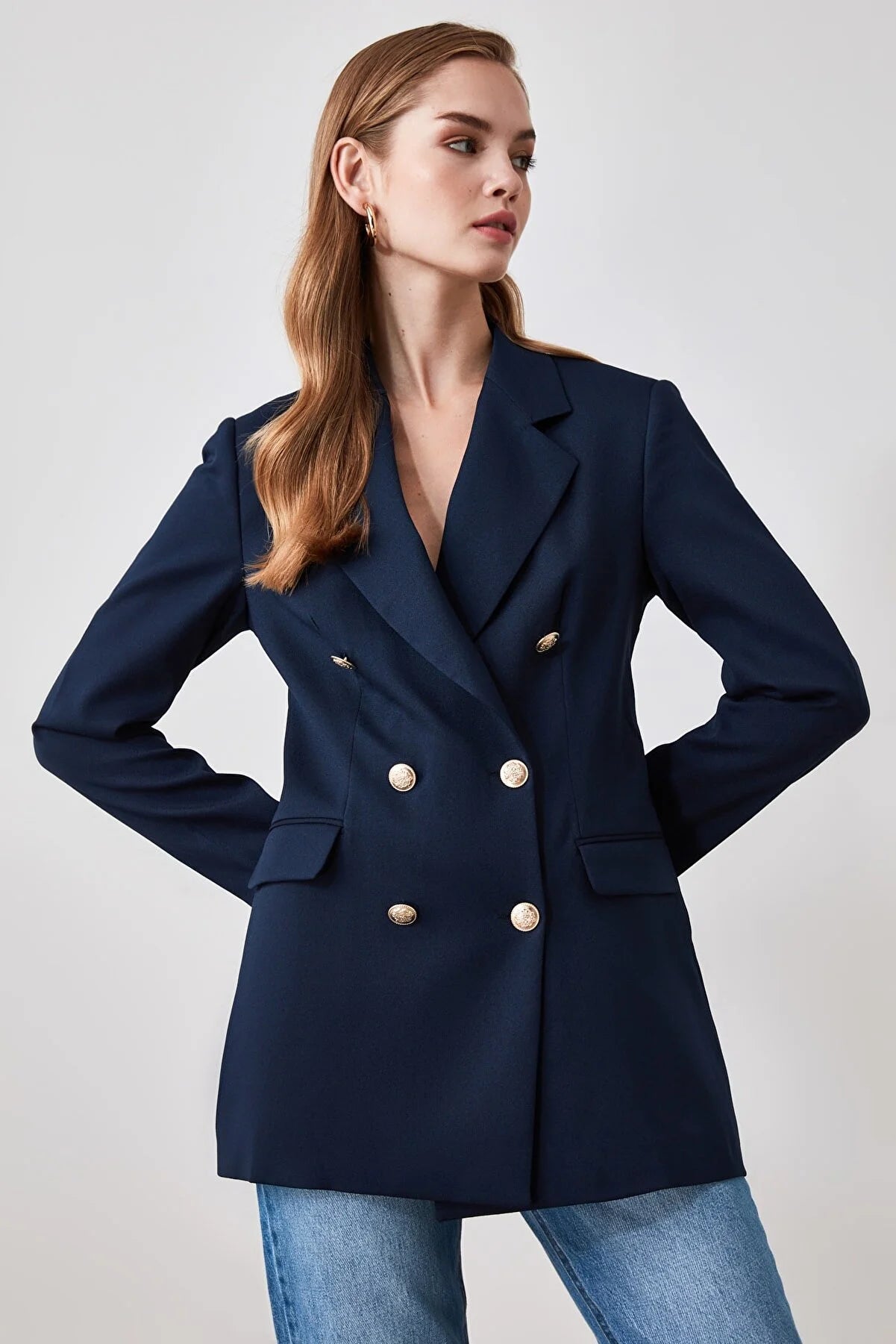 Navy Blue Button Detailed Oversize