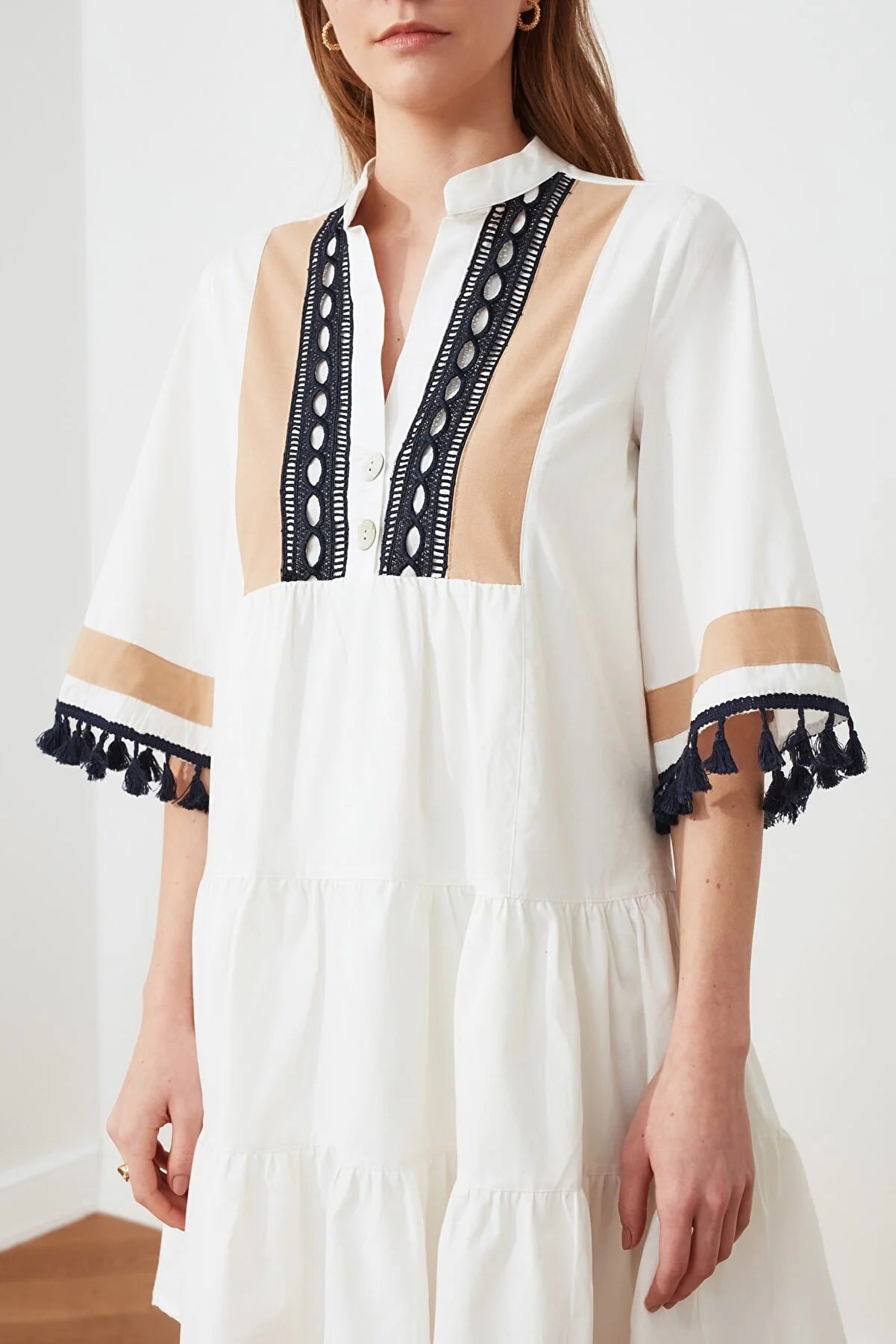 White Embroidery and Tassel Detailed Dress