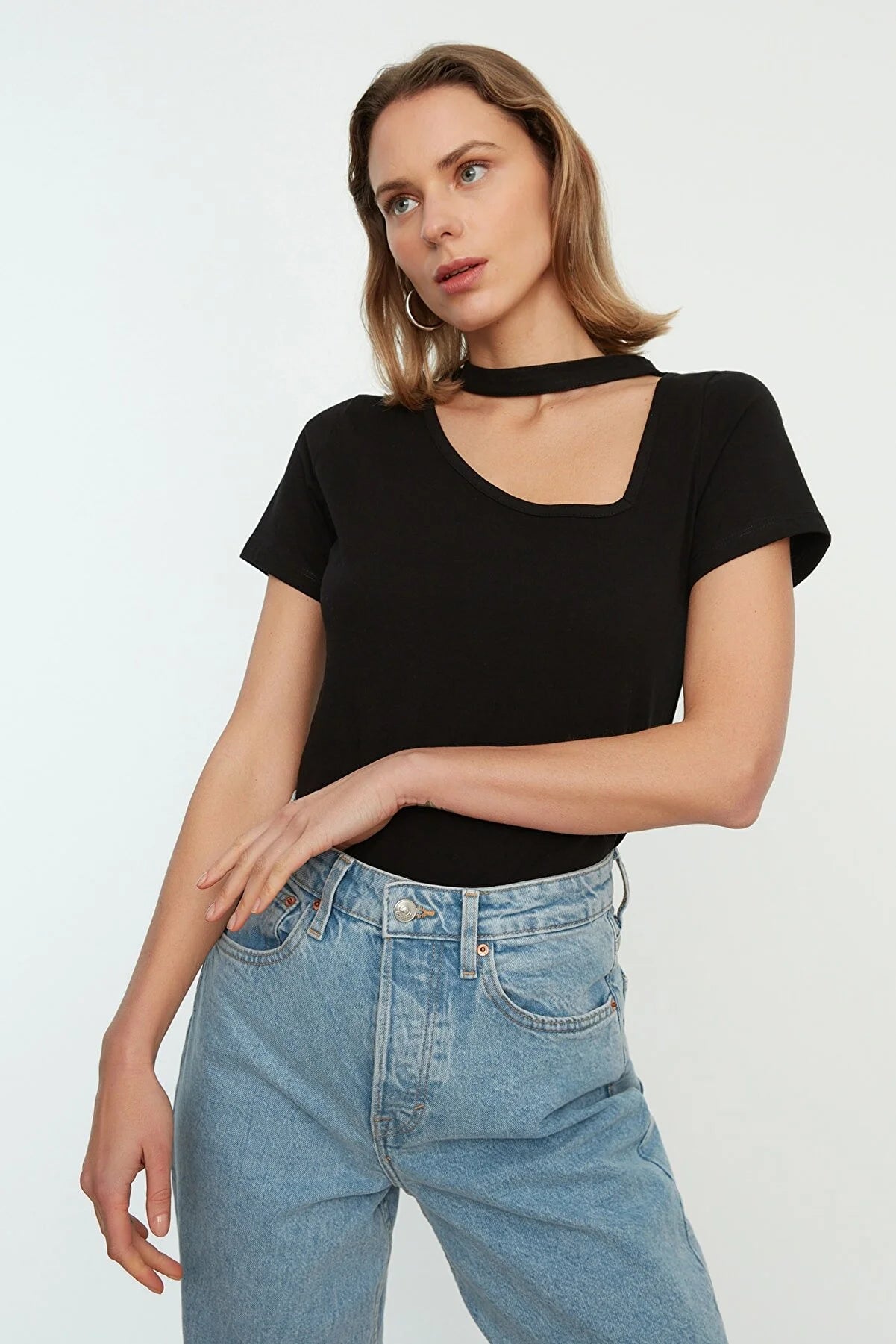 Black Fitted Collar Detailed Knitted T-Shirt