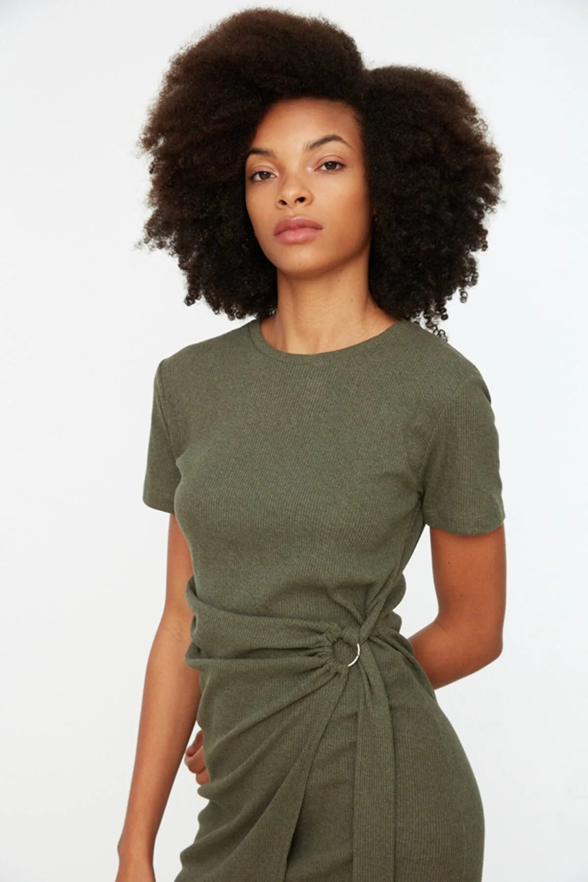 haki Buckle Detailed Corduroy Knitted Dress