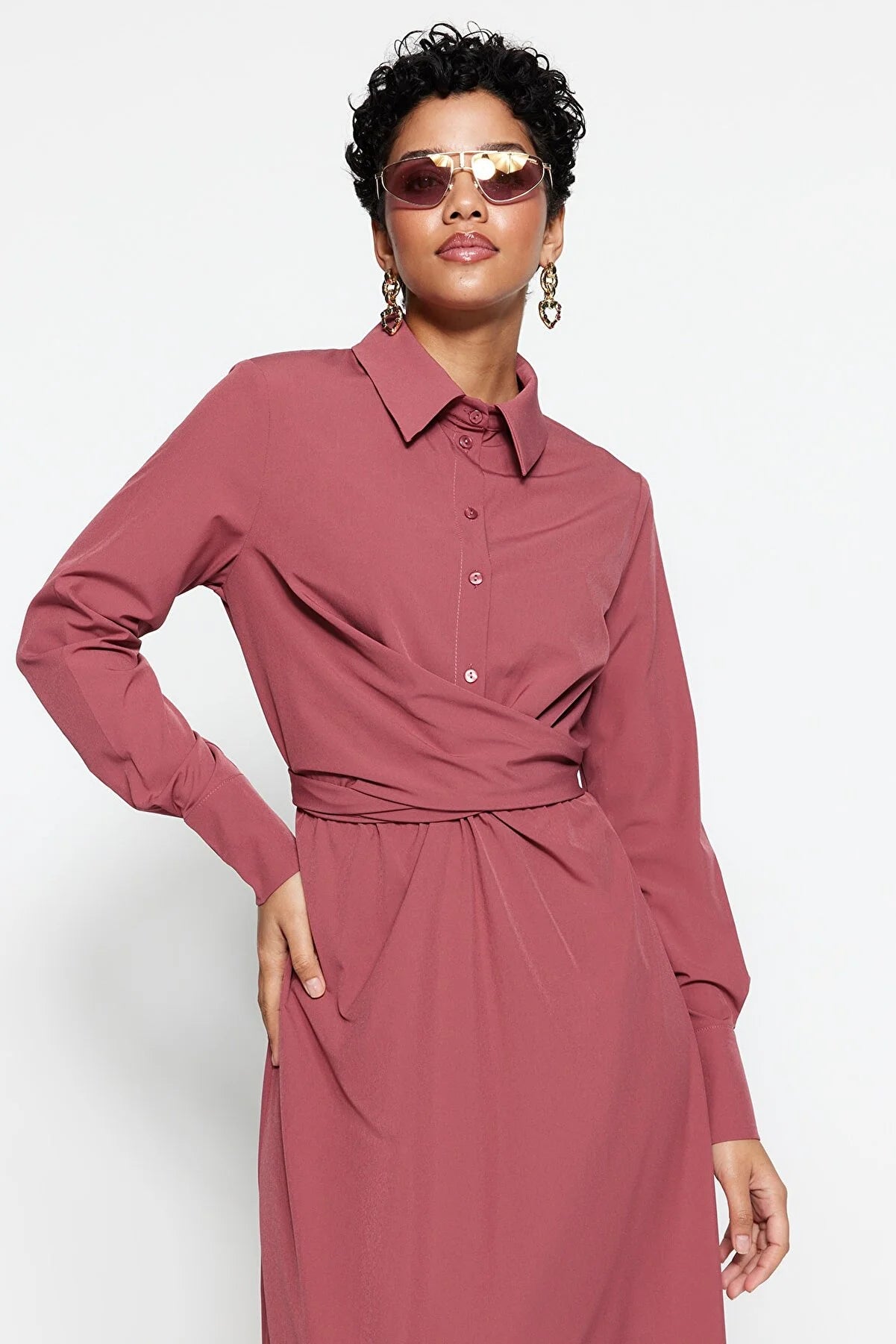 Dried Rose Lacing Detailed Half Pat Parachute Fabric Woven Dress