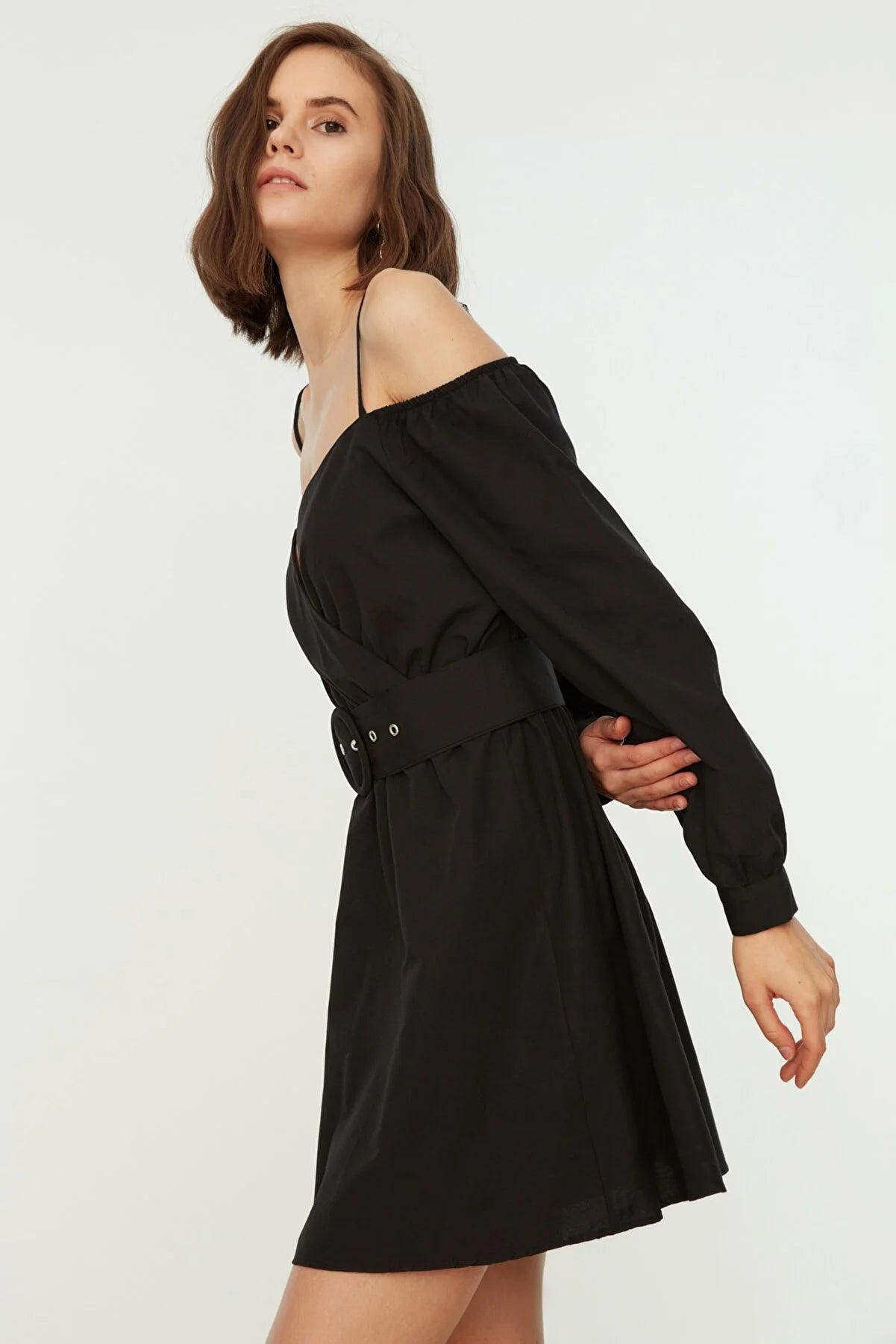 Black Belted Ruffle Dress