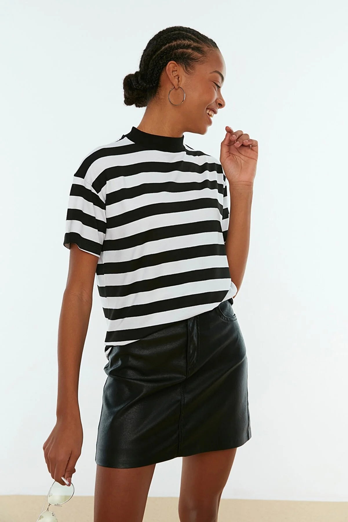 Multicolor Striped Basic Stand Up Collar Knitted T-Shirt