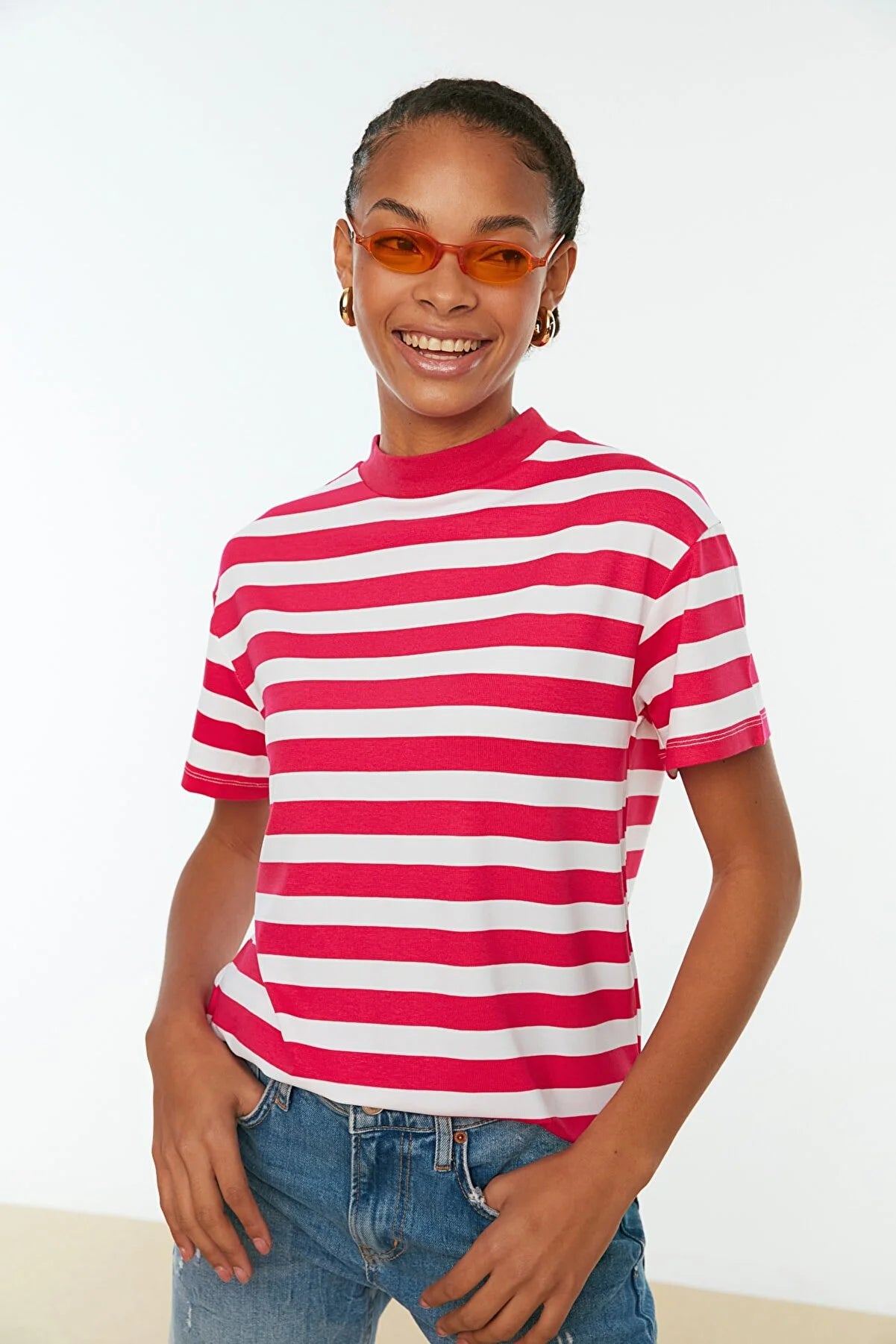 Pink Striped Basic Stand Up Collar Knitted T-Shirt