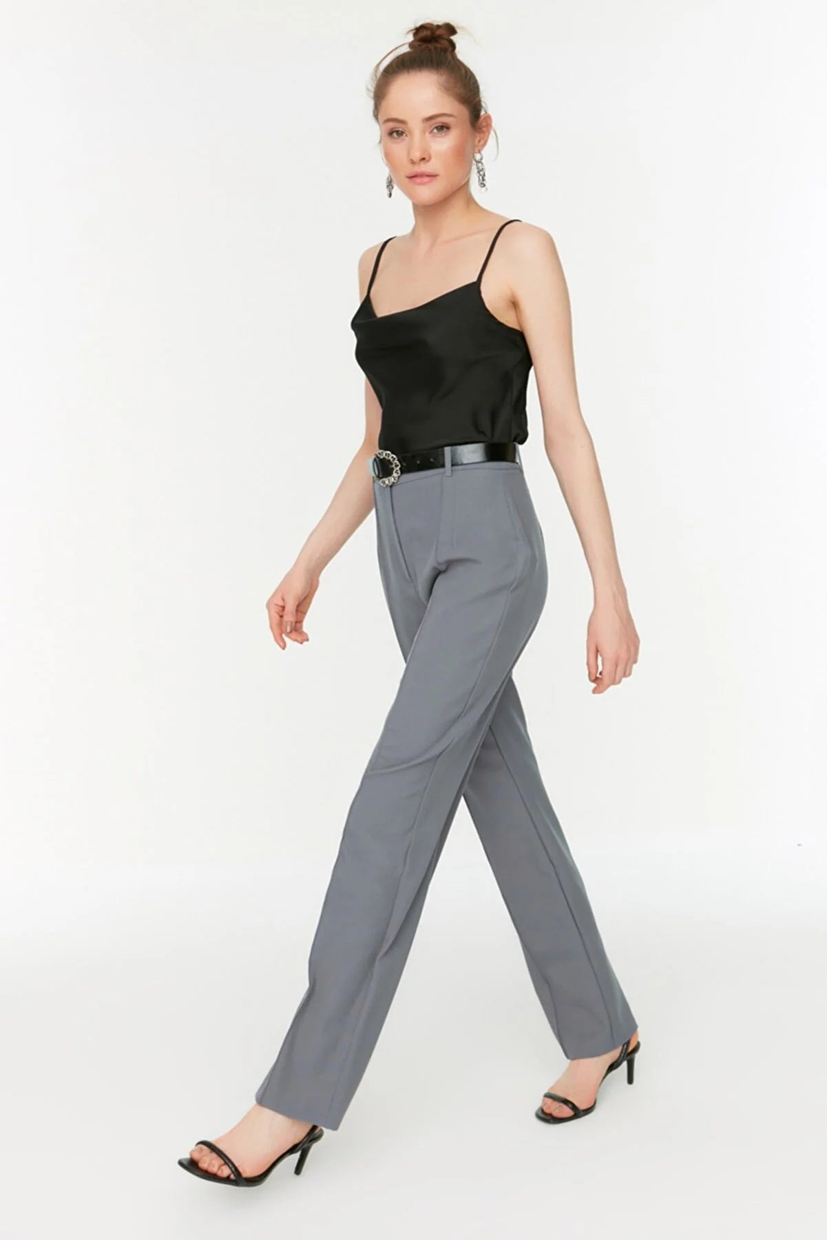 Gray High Waist Rib Stitched Trousers