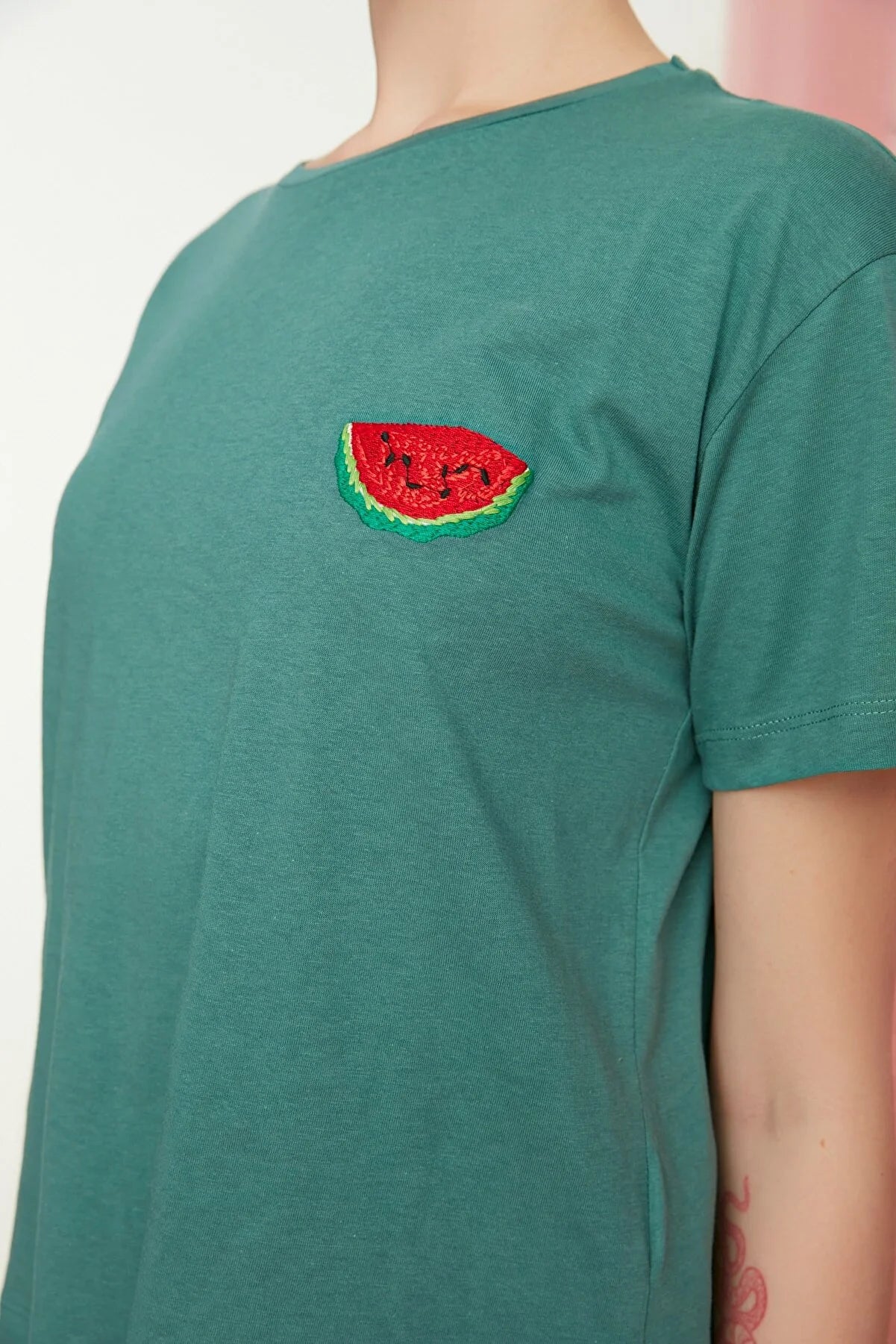 Green Semifitted Embroidered Knitted T-Shirt