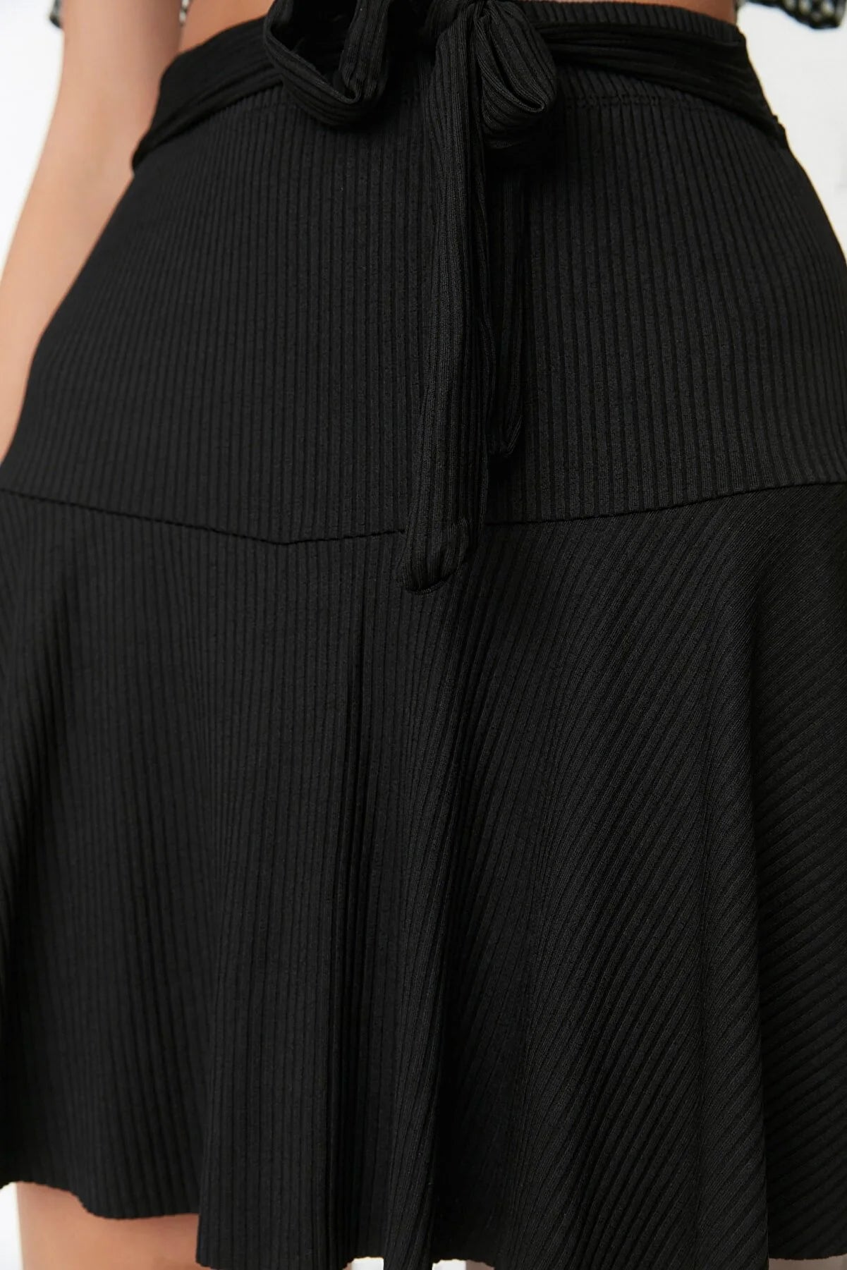 Black Skirt Look Ribbed Knitted Shorts & Bermuda