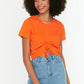 Orange Ruffle Detailed Crop Knitted T-Shirt