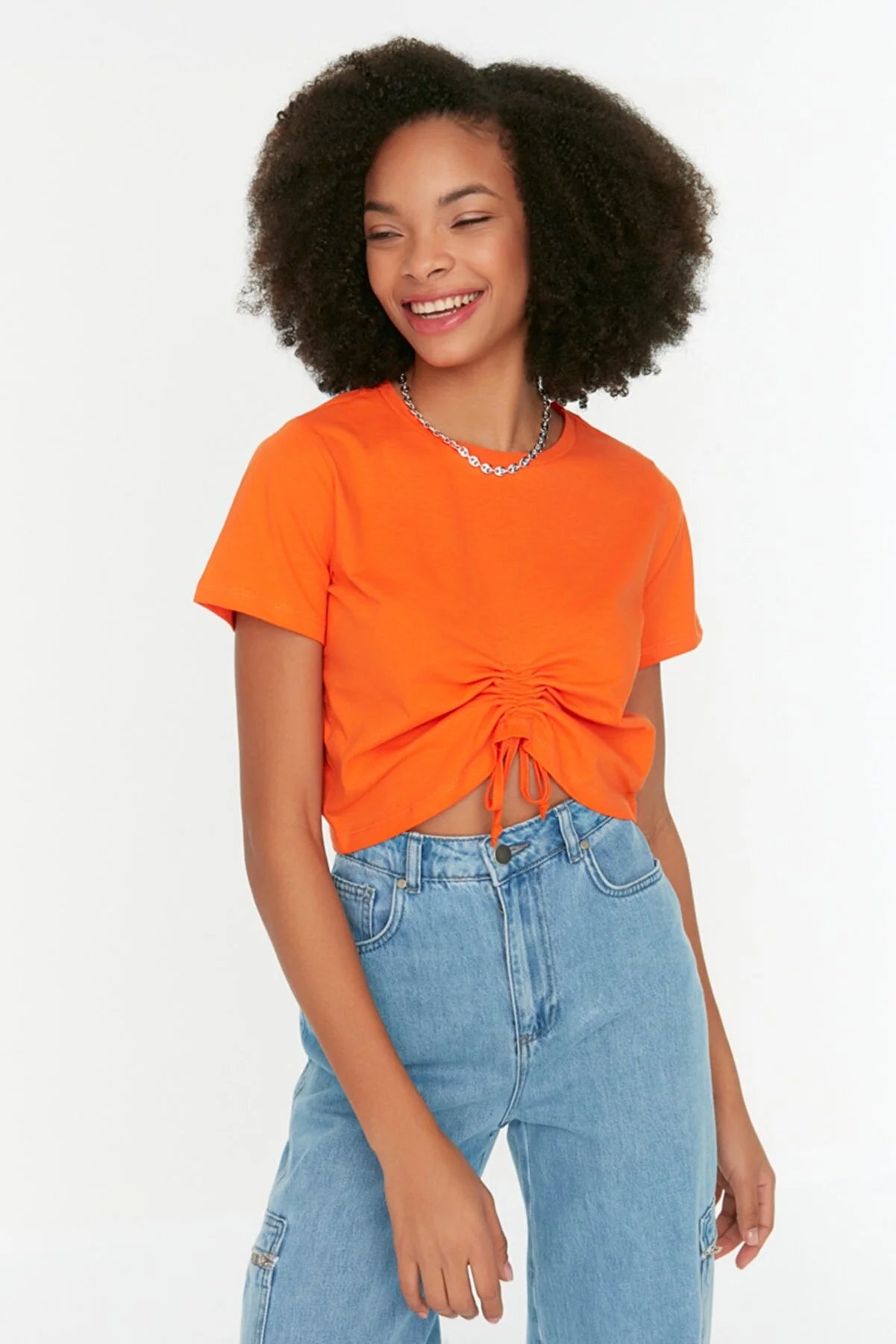 Orange Ruffle Detailed Crop Knitted T-Shirt