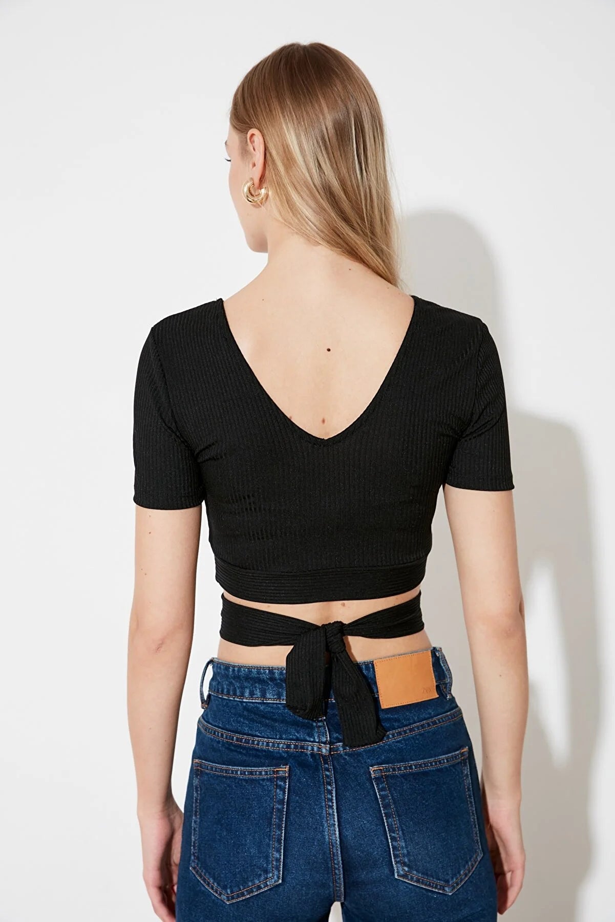 Black Tie Detailed Corduroy Knitted Blouse