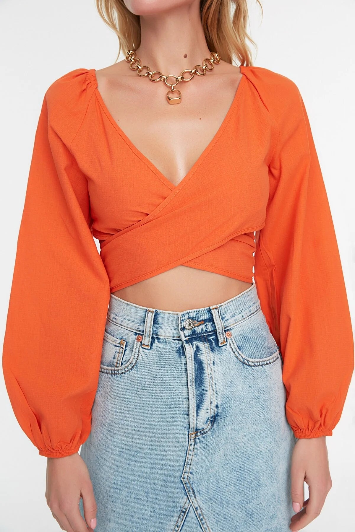 Orange Cross Tie Detailed Beach Blouse