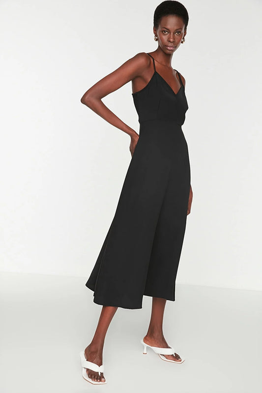 Black Strap Double Breasted Collar Dress