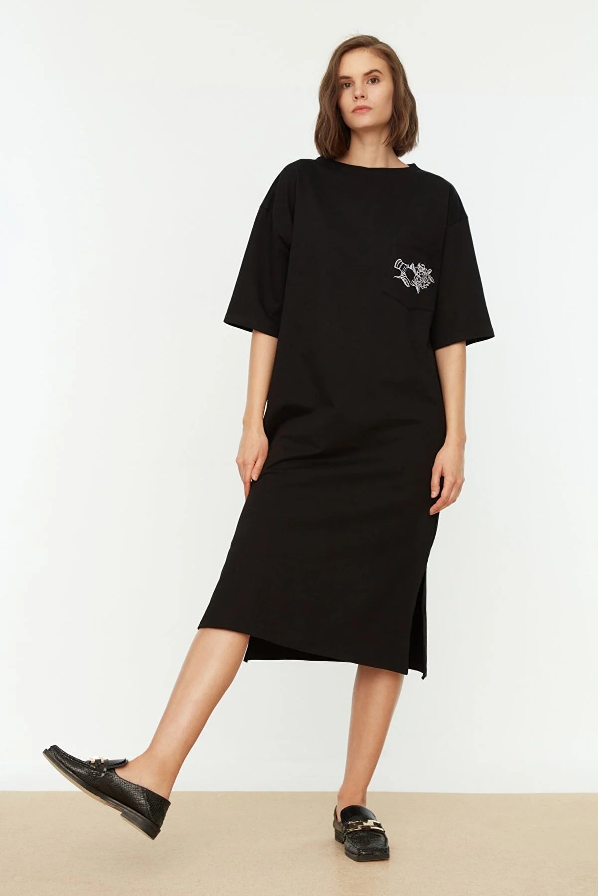 Black Embroidered Wide Cut Knitted Dress