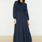 Navy Blue Gipe Detailed Crew Neck Woven Dress