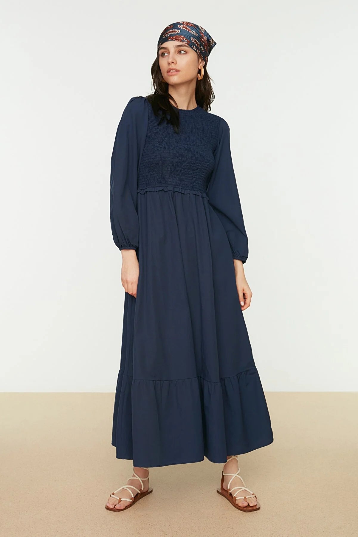 Navy Blue Gipe Detailed Crew Neck Woven Dress