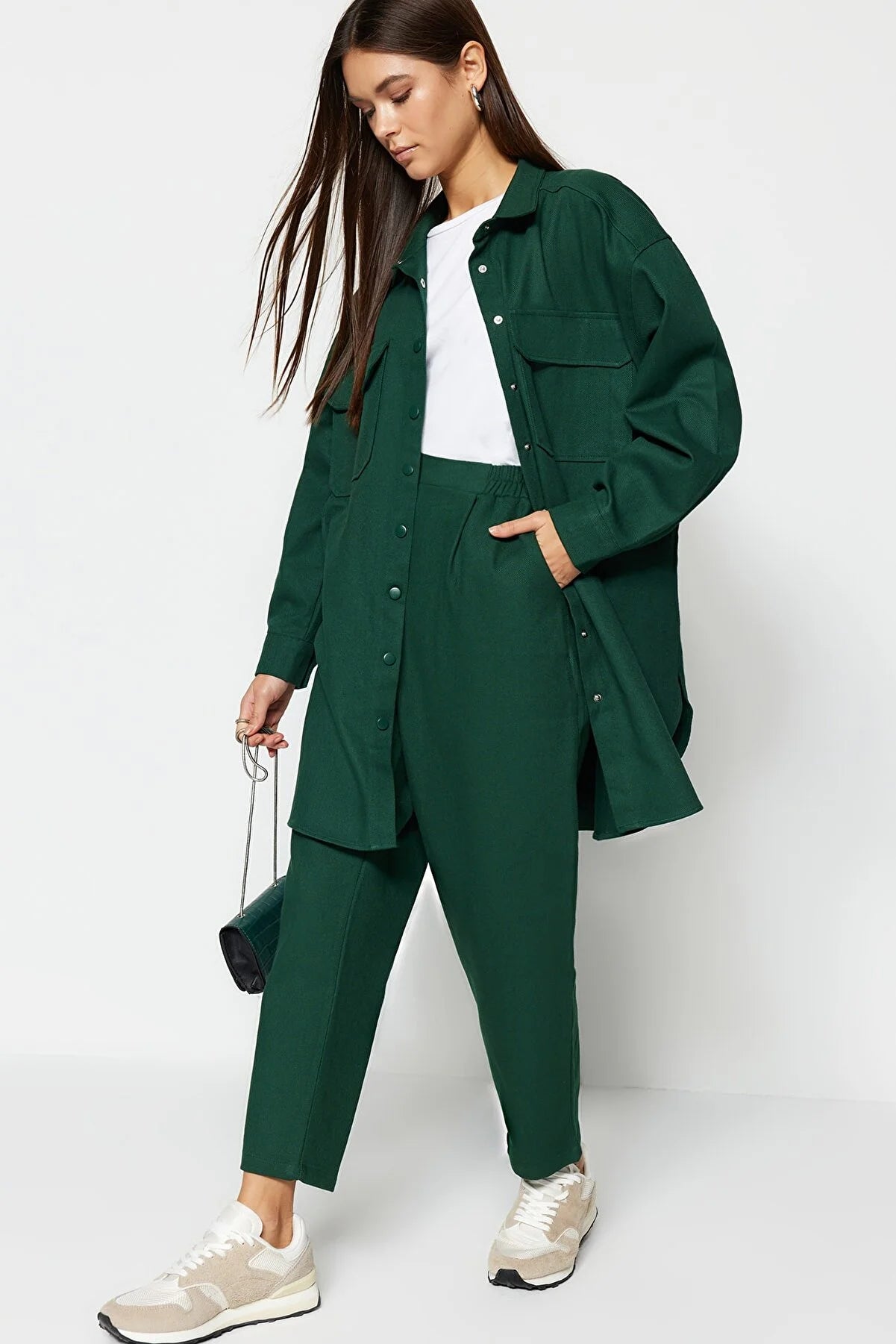 Dark Green Pocket Detailed Snap Closure Shirt-Pants Woven Suit
