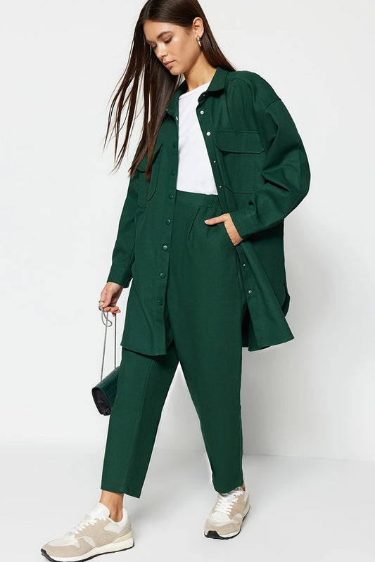 Dark Green Pocket Detailed Snap Closure Shirt-Pants Woven Suit