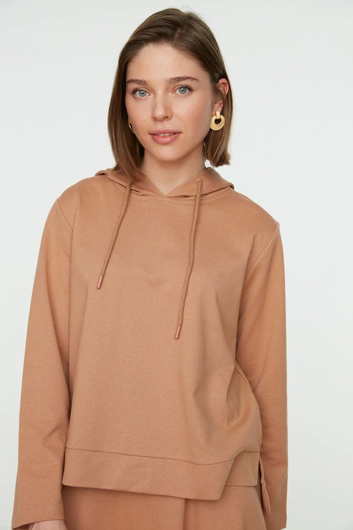 Beige Hooded Sweatshirt-Skirt Knitted Suit