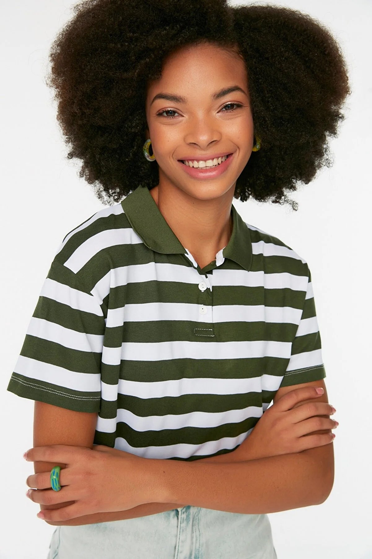 Khaki Crop Polo Neck Knitted T-Shirt