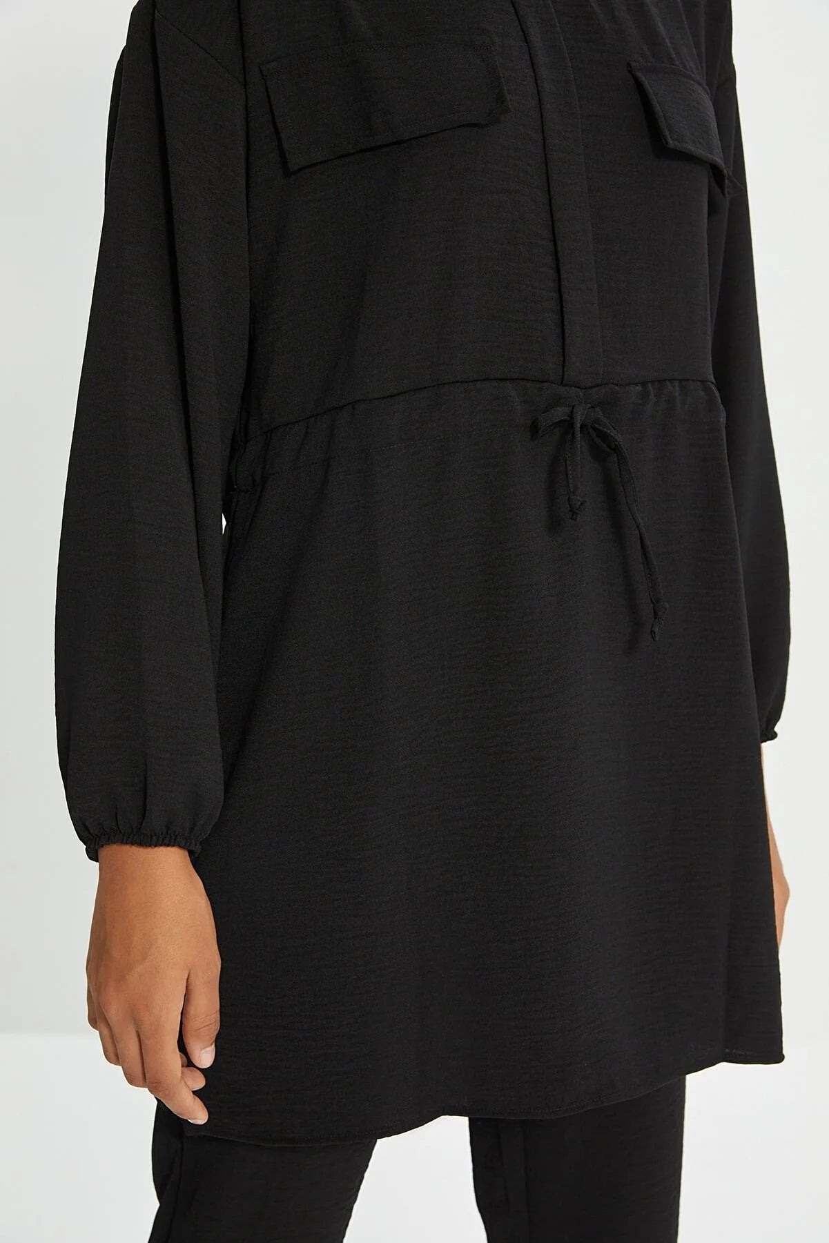 Black Tie Waist Pocket Detailed Aerobin Shirt-Pants Set