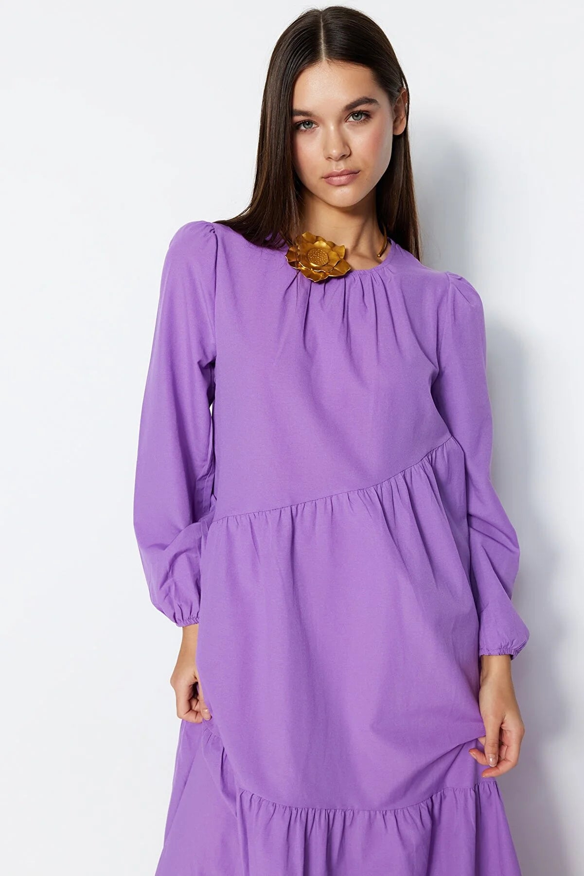 Purple Ruffle Detailed Crew Neck Cotton Woven Dress