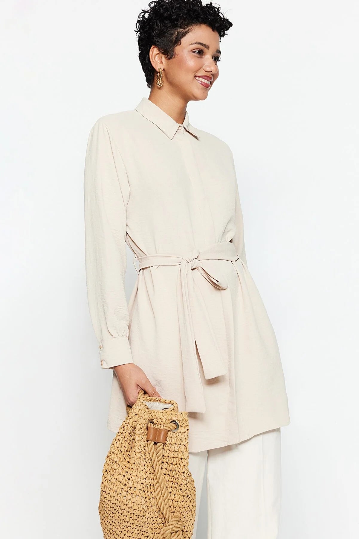 Stone Belted Hidden Pat Woven Shirt