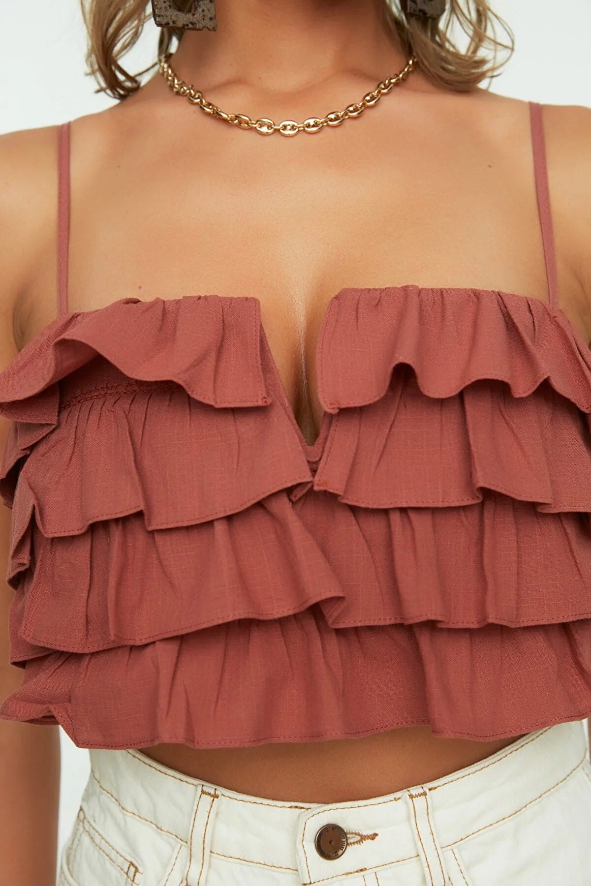 Brown Ruffled Flamed Cotton Crop Blouse