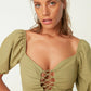 Green Tie Detailed Balloon Sleeve Beach Blouse