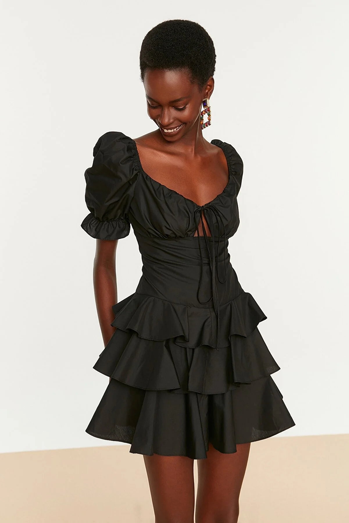 Black Ruffle Detailed Poplin Dress