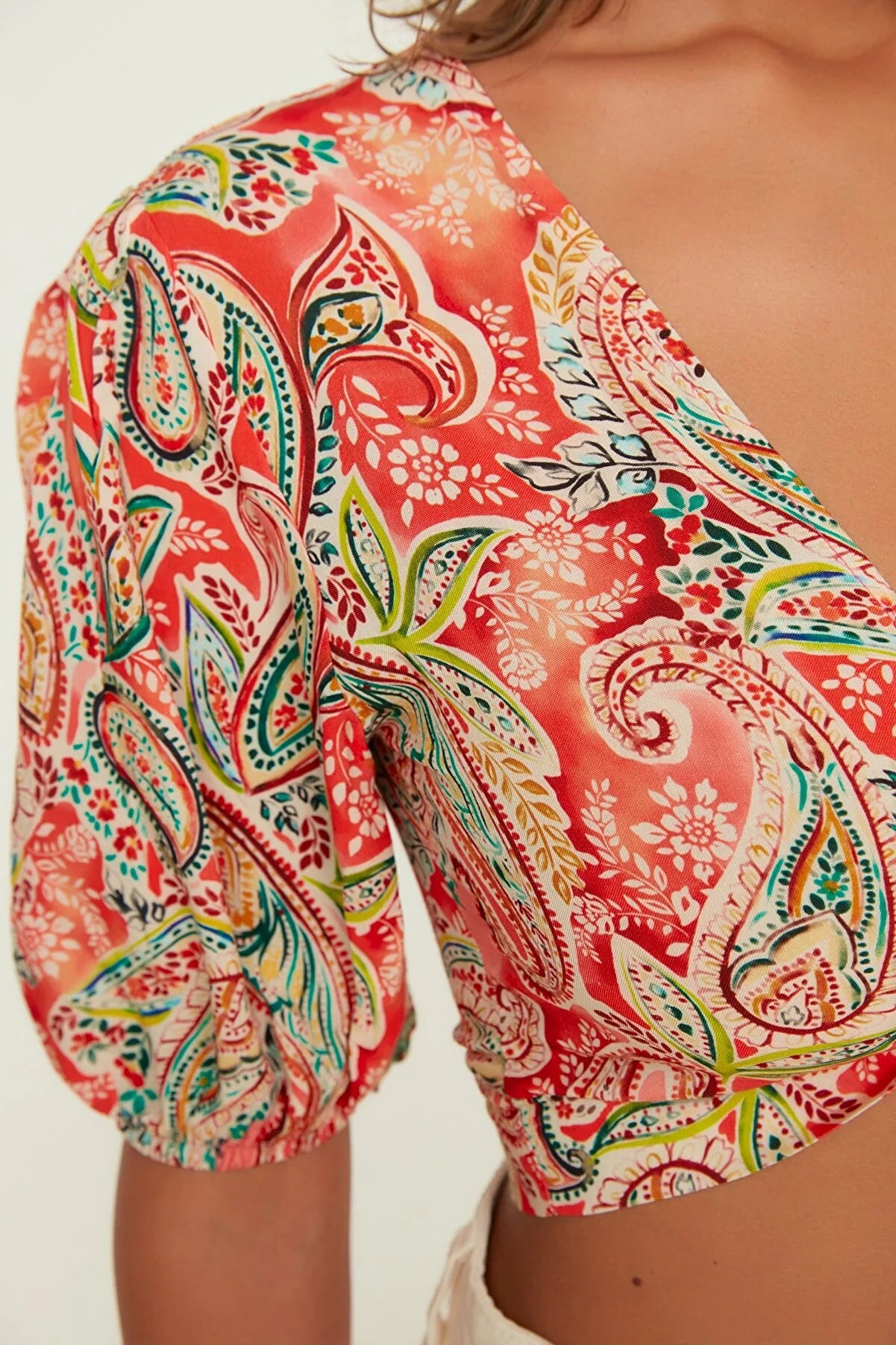 Shawl Patterned Crop Tie Detailed Viscose Beach Blouse