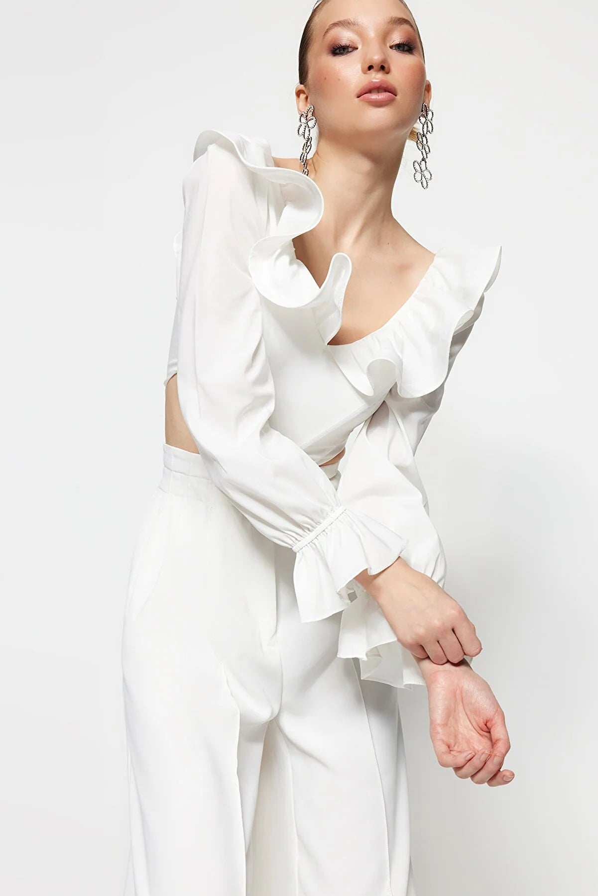 Ecru Blouse with Flounce Detailed