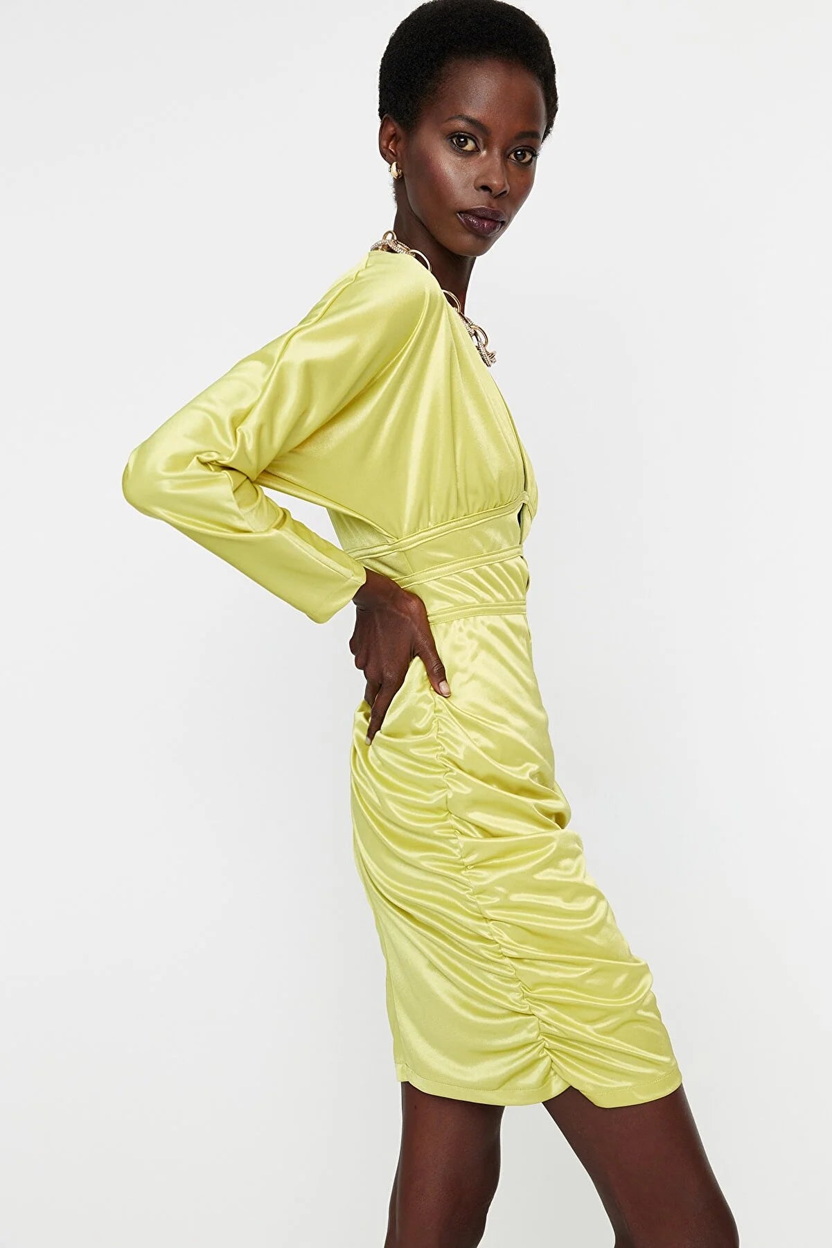 Green Piping Detailed Satin Look Dress