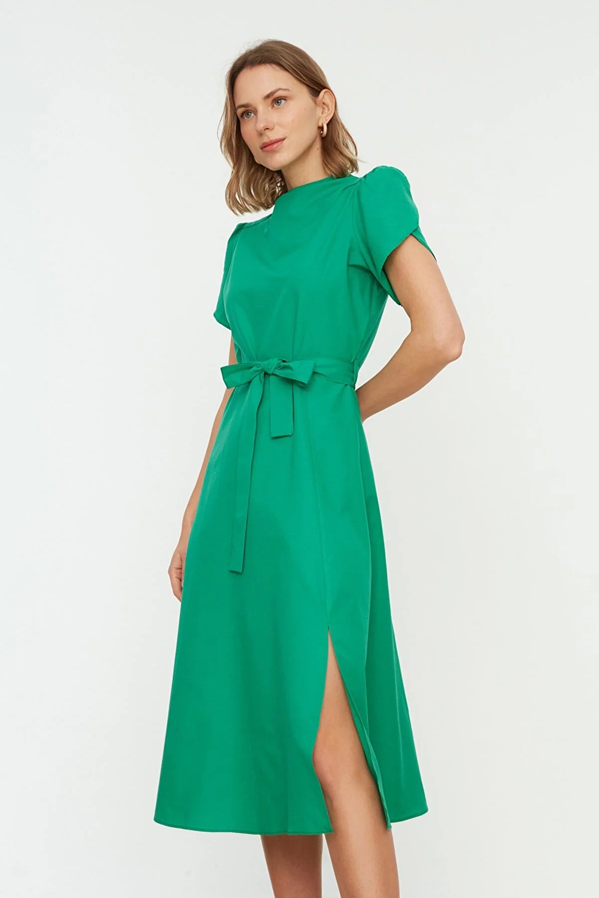 Green Belted Sleeve Detailed Dress