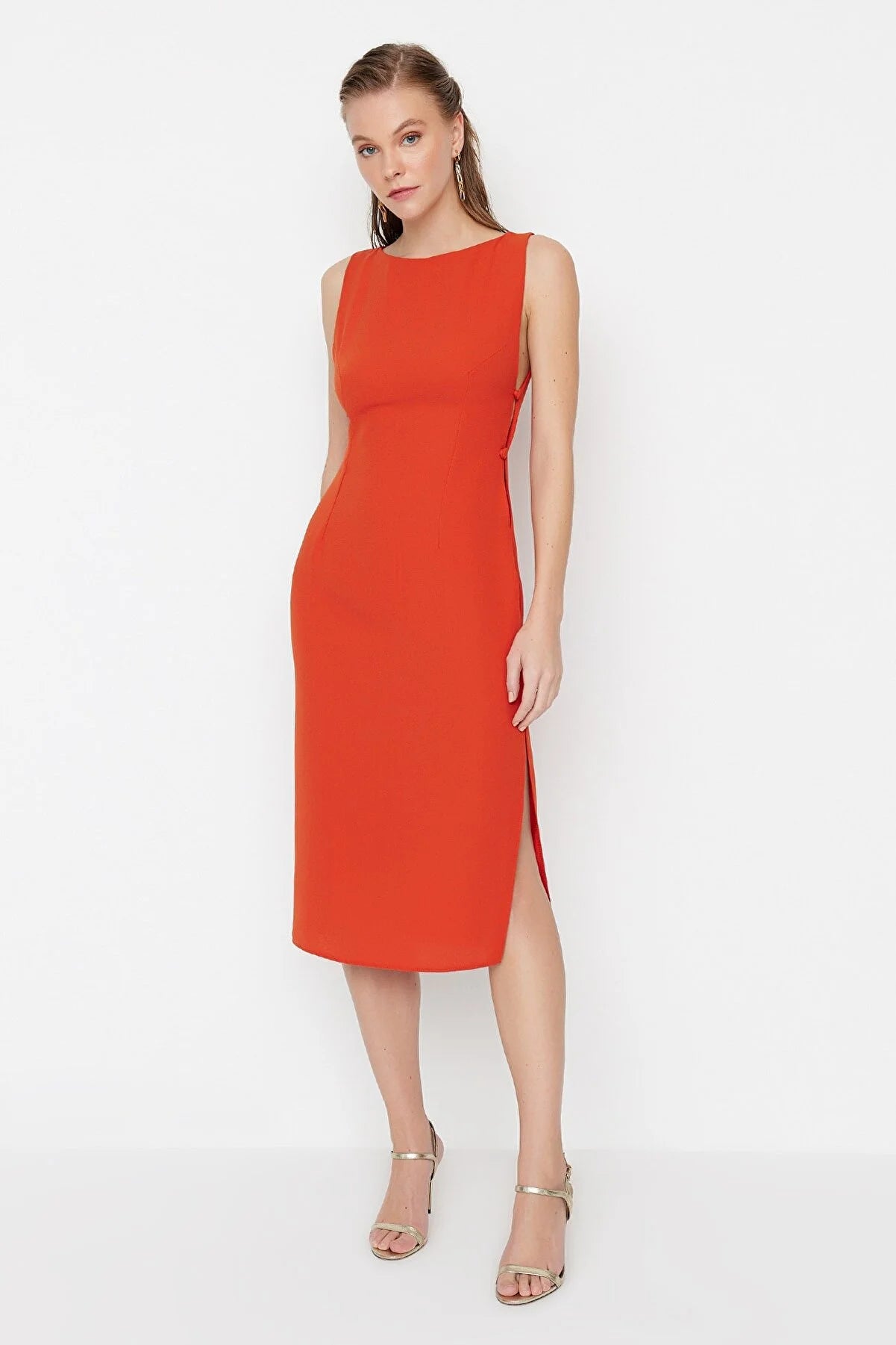 Orange Button Detailed Dress