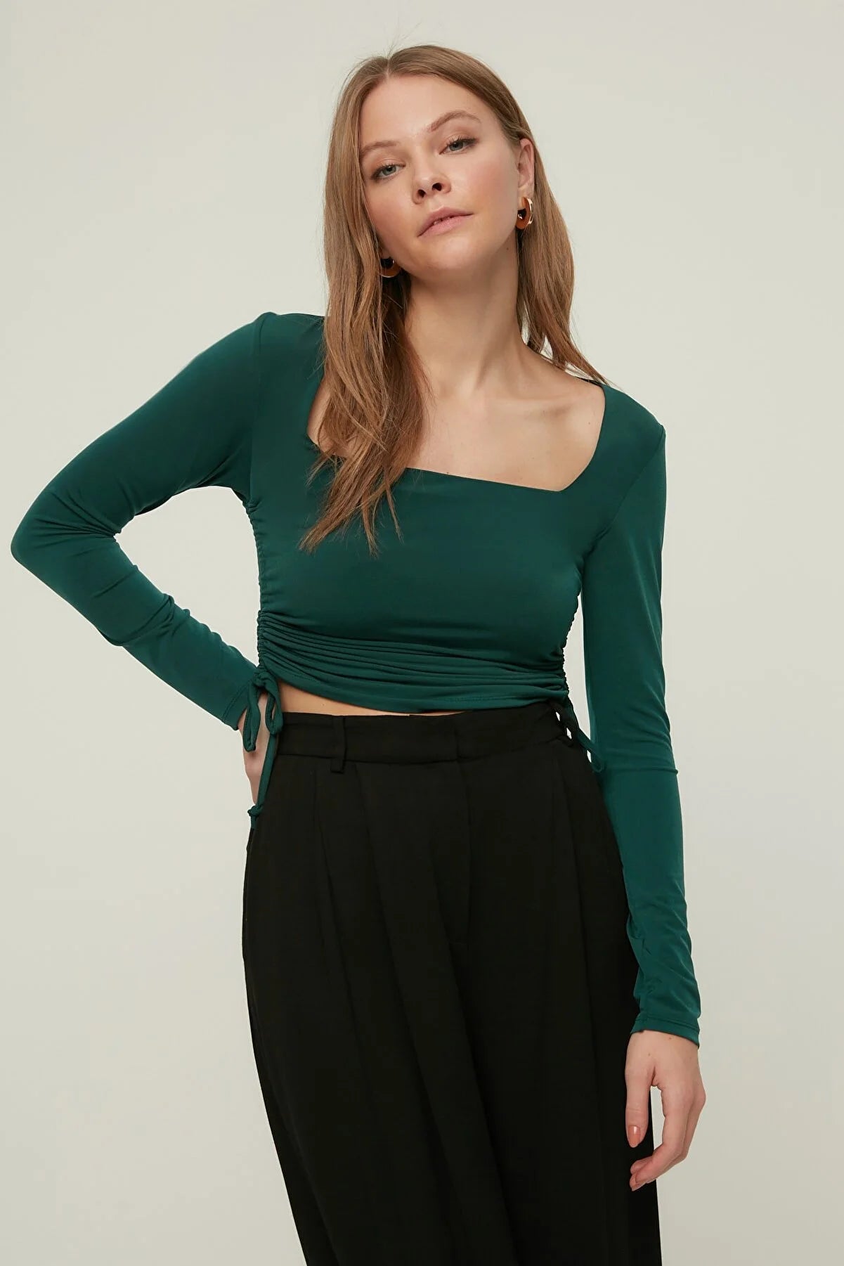Emerald Green Square Collar Pleated Knitted Blouse