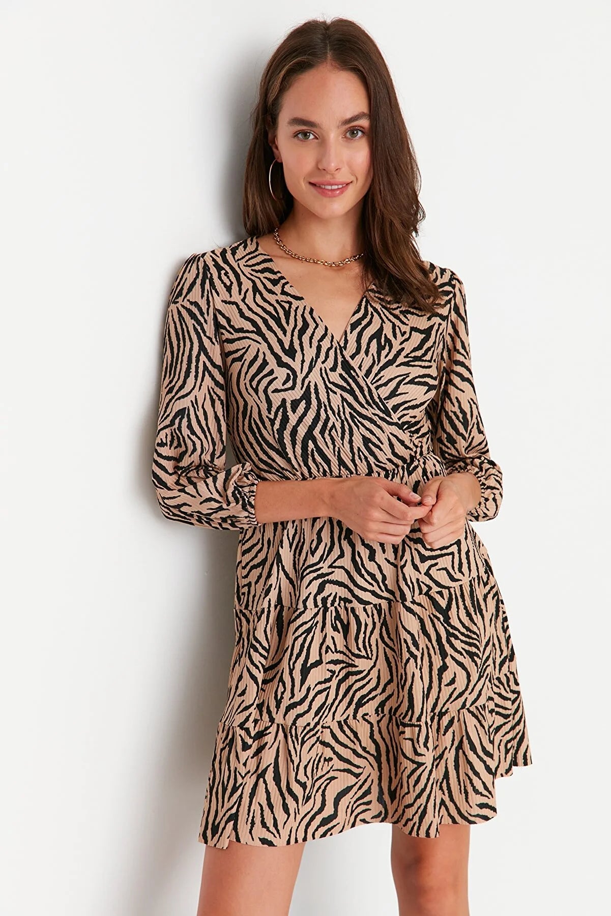 Brown Leopard Patterned Double Breasted Knitted Dress